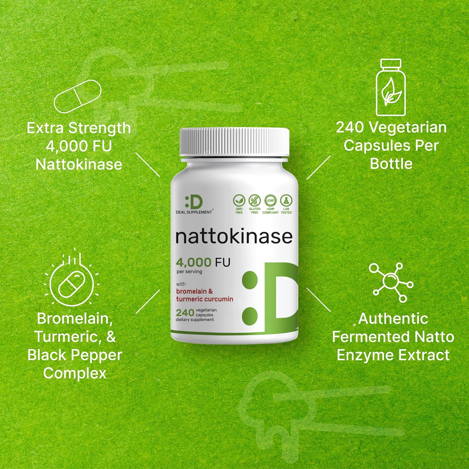 Nattokinase Supplement 4000 FU with Bromelain, Turmeric & Black Pepper – Digestive Enzymes & Heart Health – 240 Veggie Capsules - görsel 4