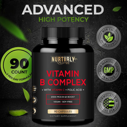 Vitamin B Complex with Vitamin C – Essential B Vitamins for Energy Release, Immune Function & Psychological Wellbeing (90 Capsules)