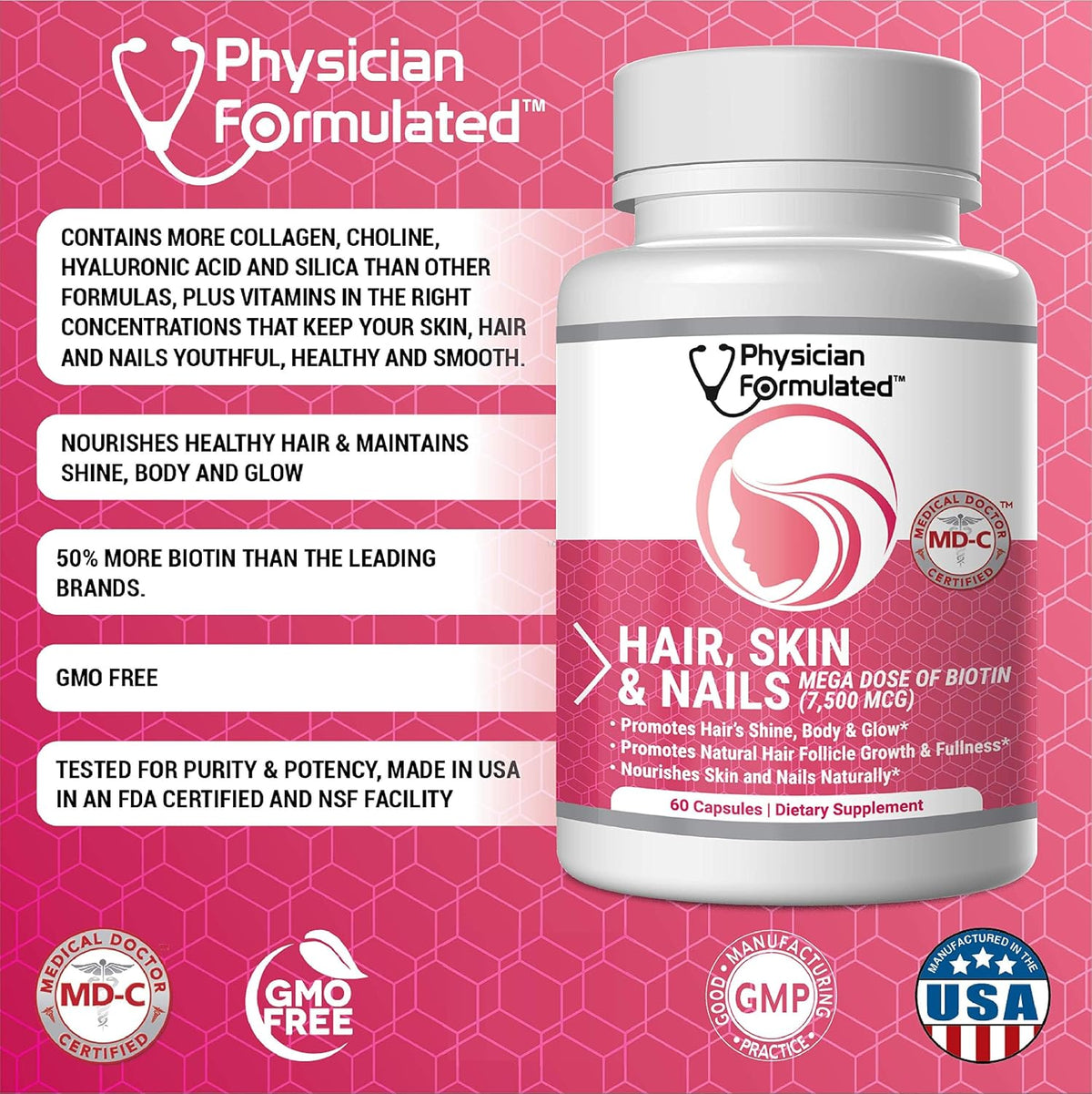 Physician Formulated Hair, Skin and Nails Vitamins - 7500 mcg Biotin with Collagen & Hyaluronic Acid - 60 Capsules – Image 5