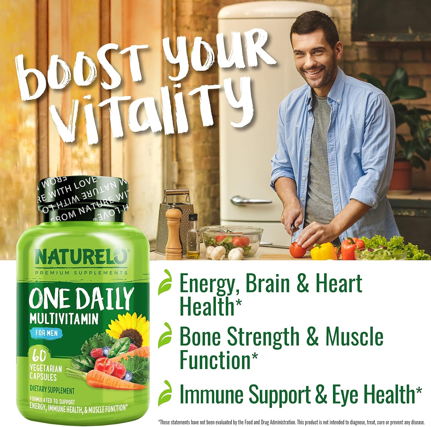 NATURELO Men's Multivitamin – One Daily with Organic Whole Foods, 60 Vegan Capsules - görsel 2