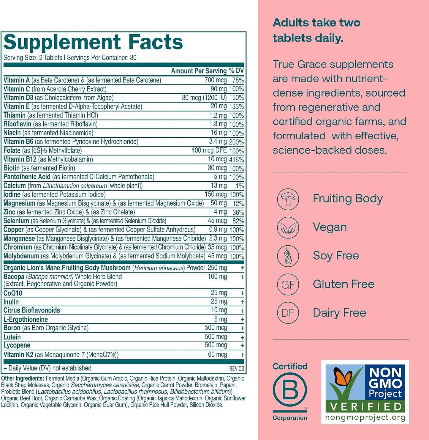 True Grace Daily Women’s Multivitamin 50+ - 60 Easy-to-Swallow Tablets - Immune, Energy, Longevity & Memory Support - Vegan, Gluten-free, Soya-Free and Iron-Free - görsel 2