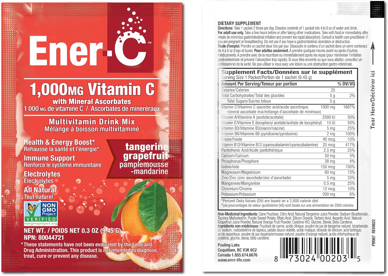 Ener-C Tangerine & Grapefruit Multivitamin Drink Mix - 1000mg Vitamin C, Non-GMO, Vegan, Gluten-free, Electrolytes, 2-Pack (60 Sachets) - görsel 8