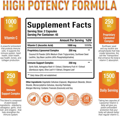 Purely Optimal Premium Liposomal Vitamin C Supplement – High Absorption, Fat Soluble Ascorbic Acid 1000mg for Immune Support, Non-GM, 90 Capsules