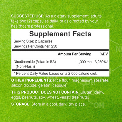 Vitamin B3 Nicotinamide 1,000mg – 500 Capsules – Flush Free Niacin Supplement