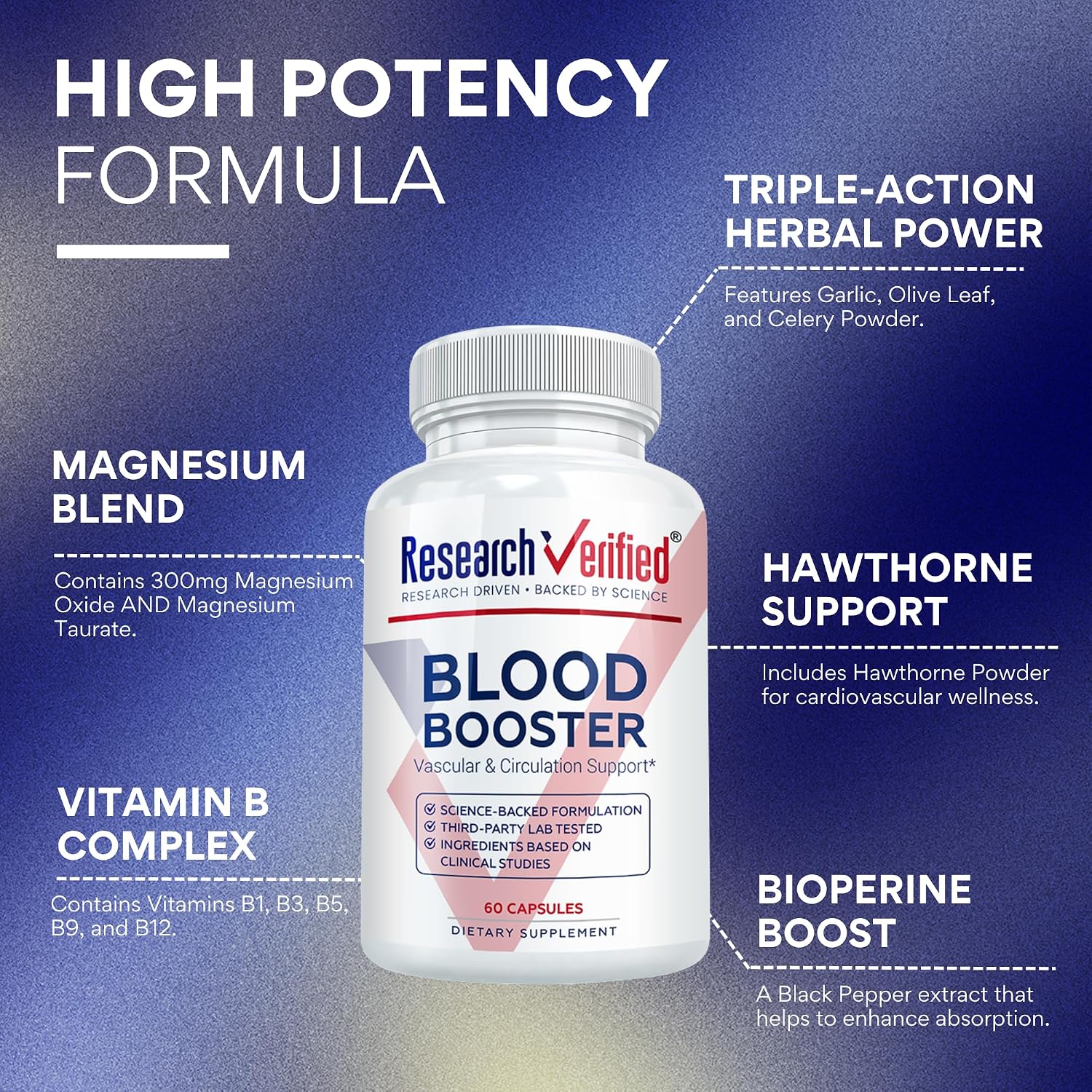 Research Verified Blood Booster – Blood Support Supplement with Hawthorn, Magnesium, Celery Seed, BioPerine (180 Capsules) - görsel 3
