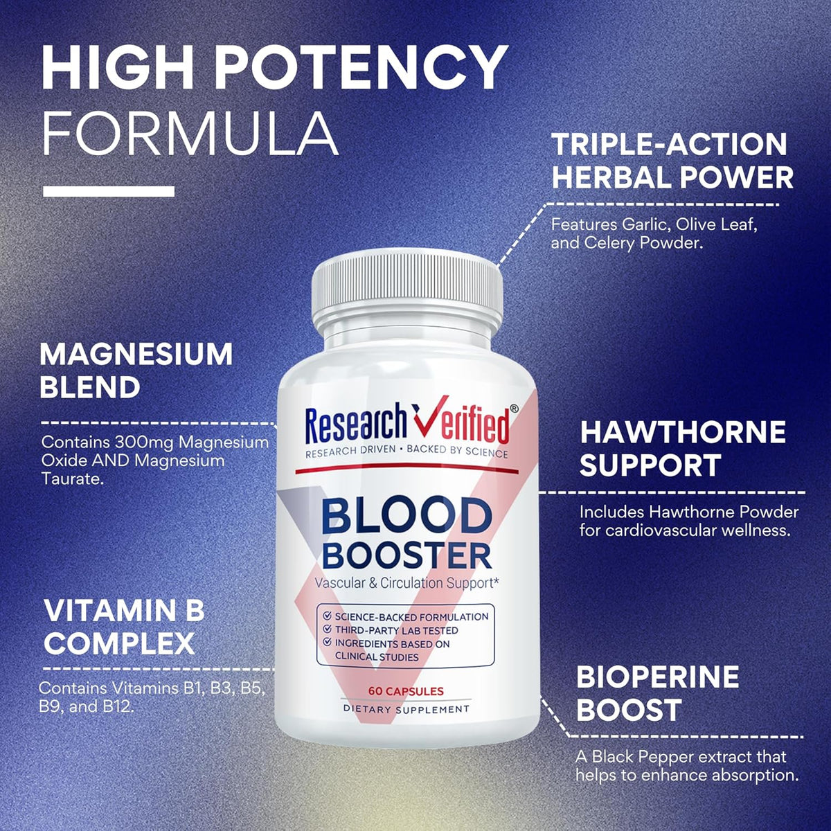 Research Verified Blood Booster - Blood Support Supplement with Hawthorn, Magnesium, Celery Seed, BioPerine - 360 Capsules - görsel 3