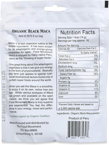 Black Maca 227 g Raw Food Powder - Organic, Non-GMO, Vegan, Gluten-free