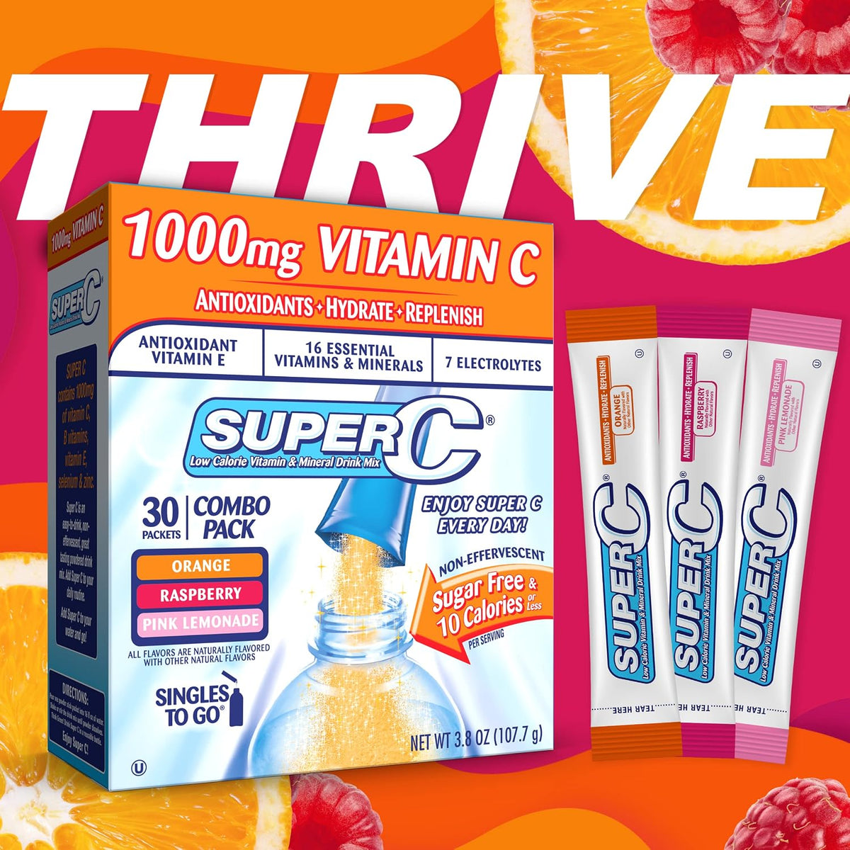 Super C Singles to Go Powder Sachets, Water Drink Mix, Variety Pack, Orange, Raspberry & Pink Lemonade, On-The-Go, 30 Sachets - görsel 3