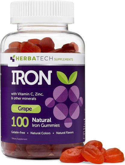 Iron Gummies for Adults and Children, Chewable Multivitamin with Iron, Vitamin C, A, B, Zinc, Folic Acid, and Biotin (Grape Flavoured) Vegan Safe, Made in the USA