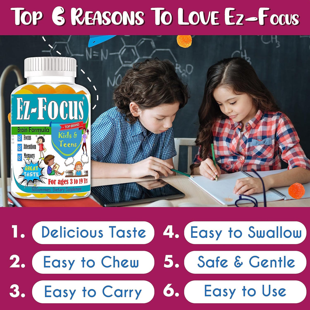 Ez-Focus Gummies for Kids, Teens & Youth – Brain Focus & Memory Support with DHA & Omega-3 (60 Count) - görsel 2