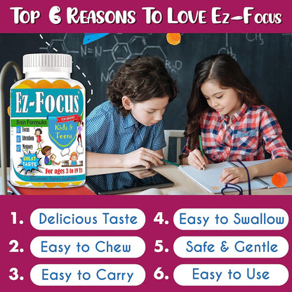 Ez-Focus Gummies for Kids, Teens & Youth – Brain Focus & Memory Support with DHA & Omega-3 (60 Count)