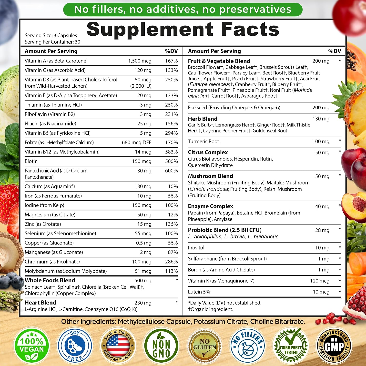 Vegan Whole Food Daily Multivitamin with Iron, Methylated Multivitamin for Women and Men, Made with Fruits & Vegetables, B-Complex, Probiotics, Enzymes, CoQ10, Omegas, Turmeric, Non-GMO, 90 Capsules - görsel 6