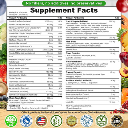 Vegan Whole Food Daily Multivitamin with Iron, Methylated Multivitamin for Women and Men, Made with Fruits & Vegetables, B-Complex, Probiotics, Enzymes, CoQ10, Omegas, Turmeric, Non-GMO, 90 Capsules