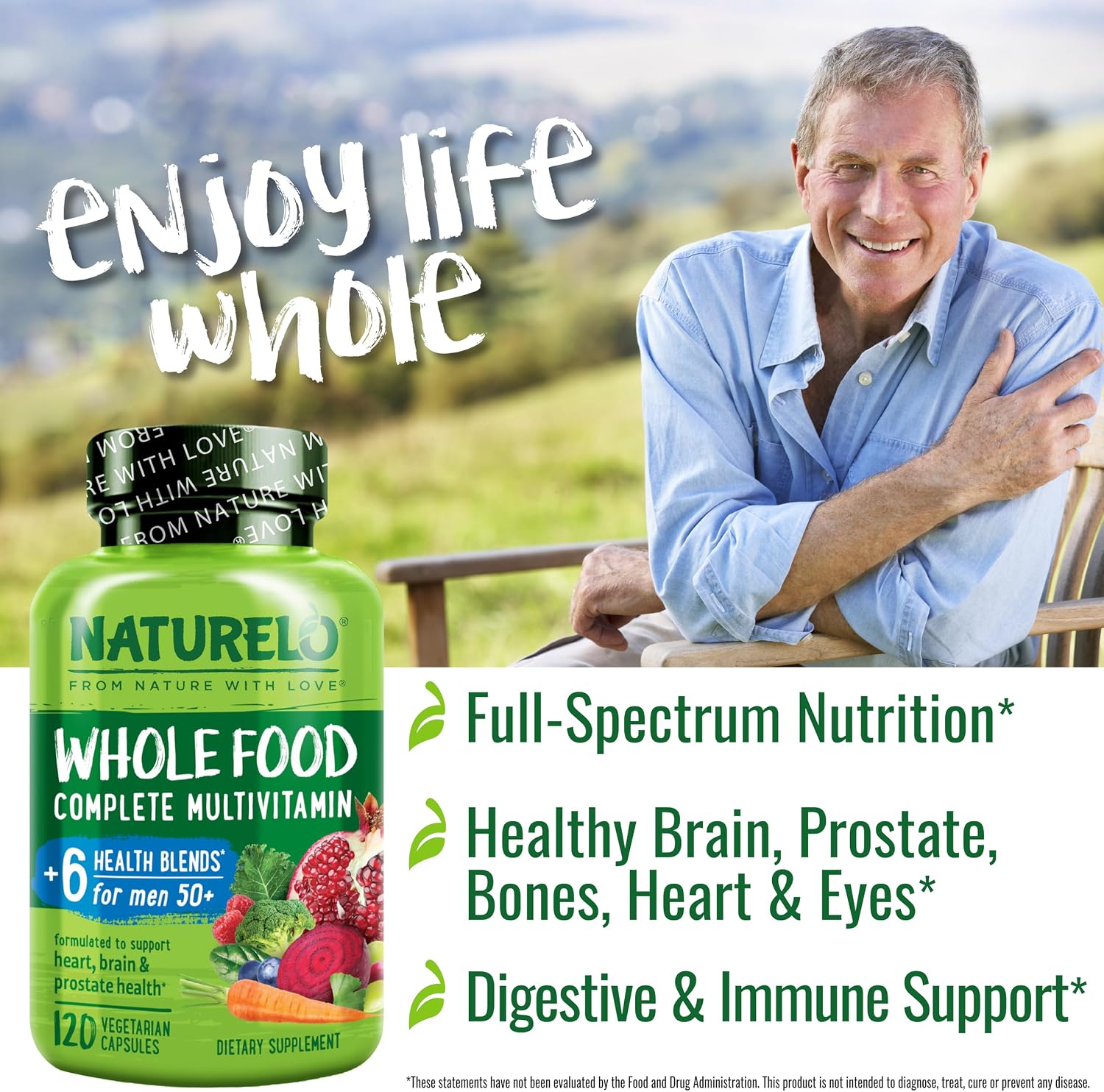 NATURELO Whole Food Multivitamin for Men 50+ - with Vitamins, Minerals, Organic Herbal Extracts - Vegan Vegetarian - for Energy, Brain, Heart and Eye Health - 120 Capsules - görsel 4