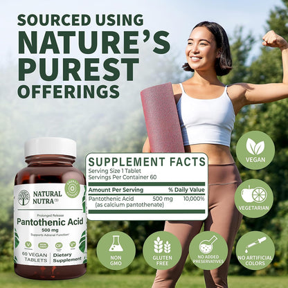 Natural Nutra Time Release Pantothenic Acid 500 mg, Vitamin B5 Supplement Helps Break Down Fat and Carbohydrates, Metabolism and Energy, Improve Muscle Health, 60 Vegetarian Tablets (2 Pack)