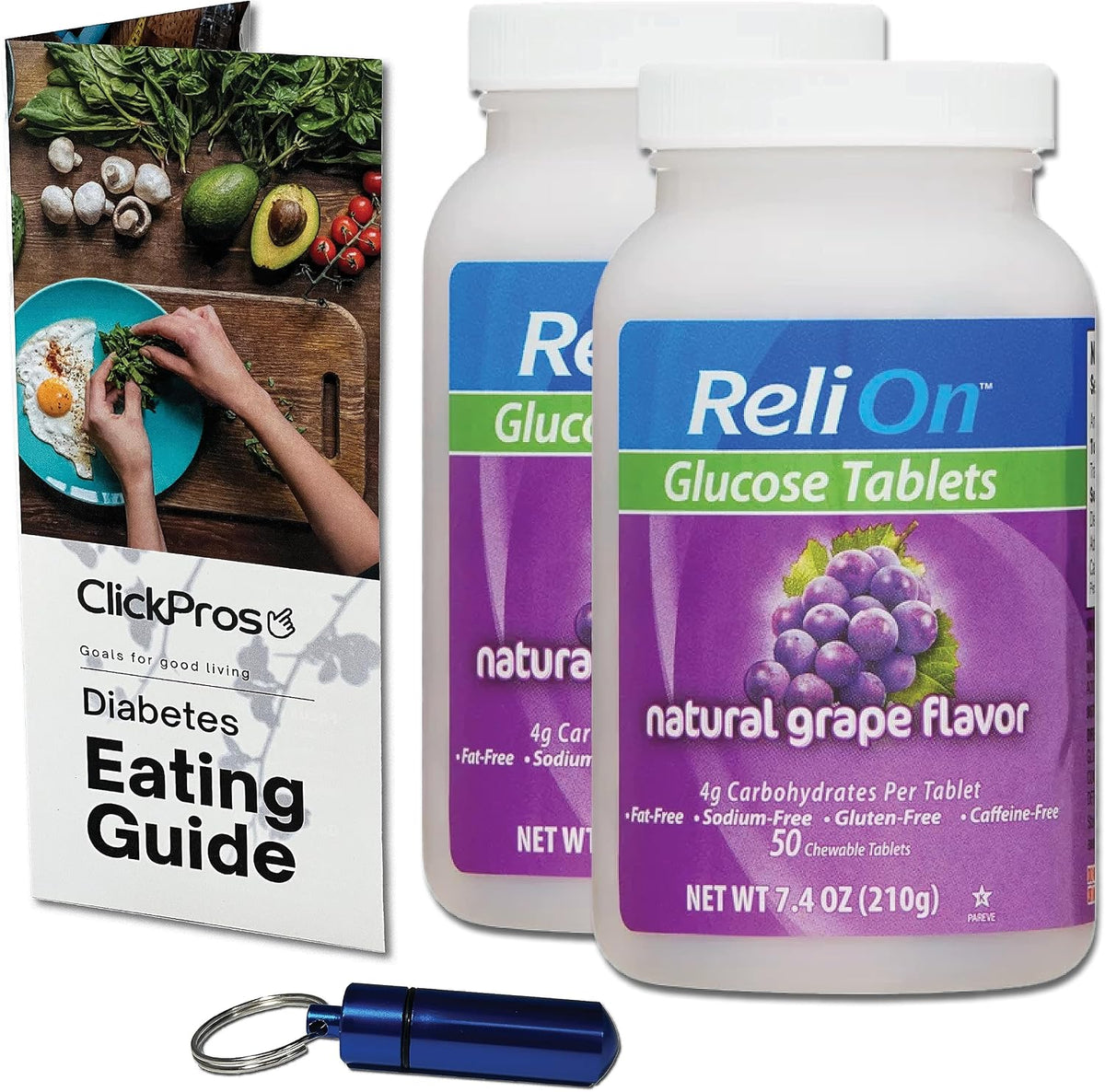 ReliOn Glucose Tablets Grape - 2-Pack Bundle (100 Tablets) with Diabetes Eating Guide and Pill Container - görsel 1