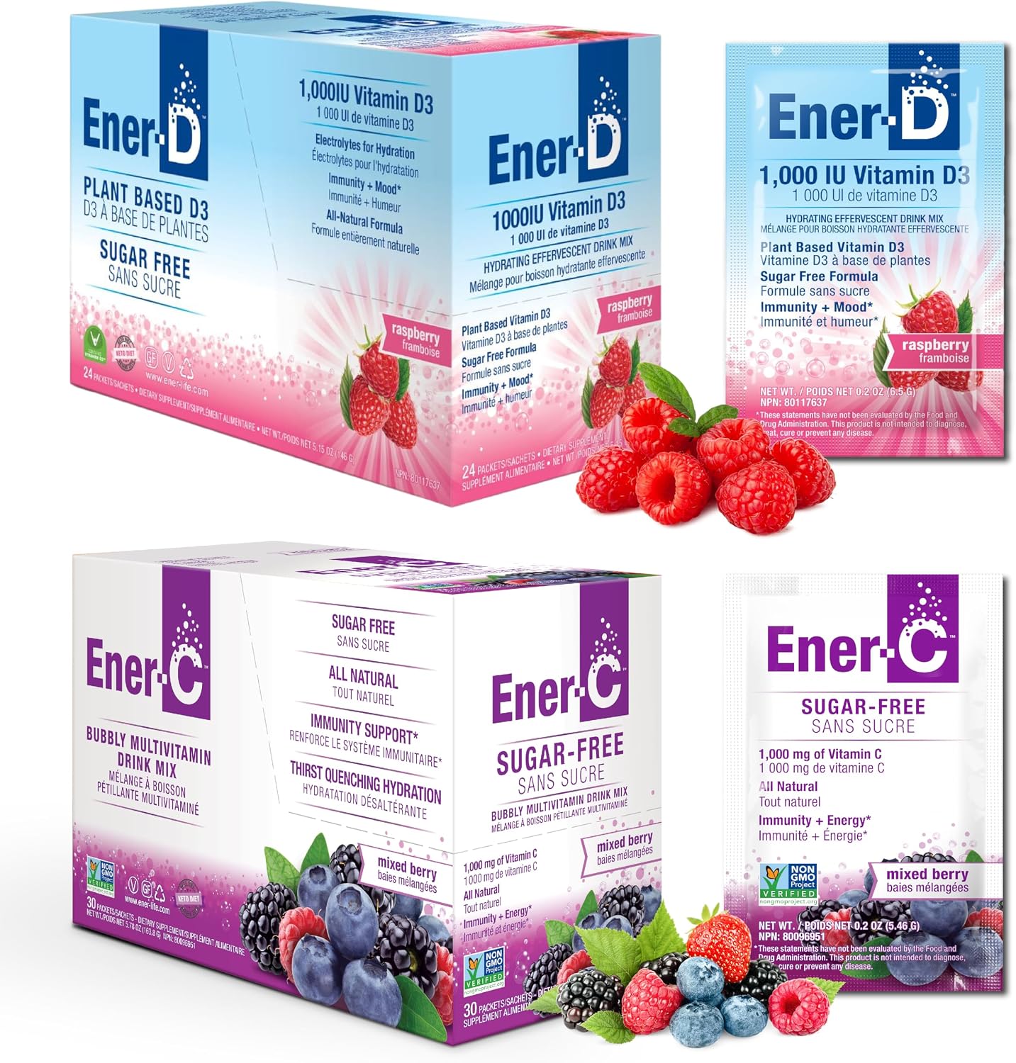 Ener-C Sugar-Free Vitamin C 1000mg Mixed Berry & Ener-D Vitamin D3 Raspberry Multivitamin Drink Powder for Natural Energy & Immune Support – Real Fruit Juice, Non-GMO, Vegan – 54 Sticks - görsel 1
