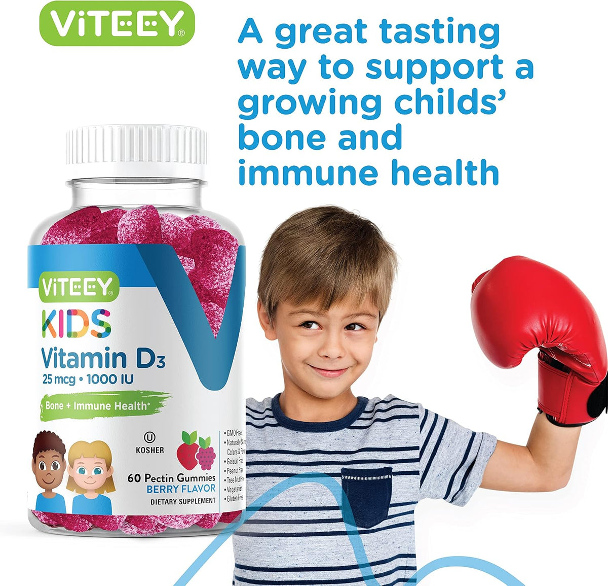 Viteey Vitamin D3 Children's Gummies 25mcg 1000 IU – Tasty Chewable Berry Flavoured | Bone Maintenance, Immune Function, Muscle Support – Vegetarian, Gelatine Free, Gluten-free, Non-GMO – 60 Count - görsel 6