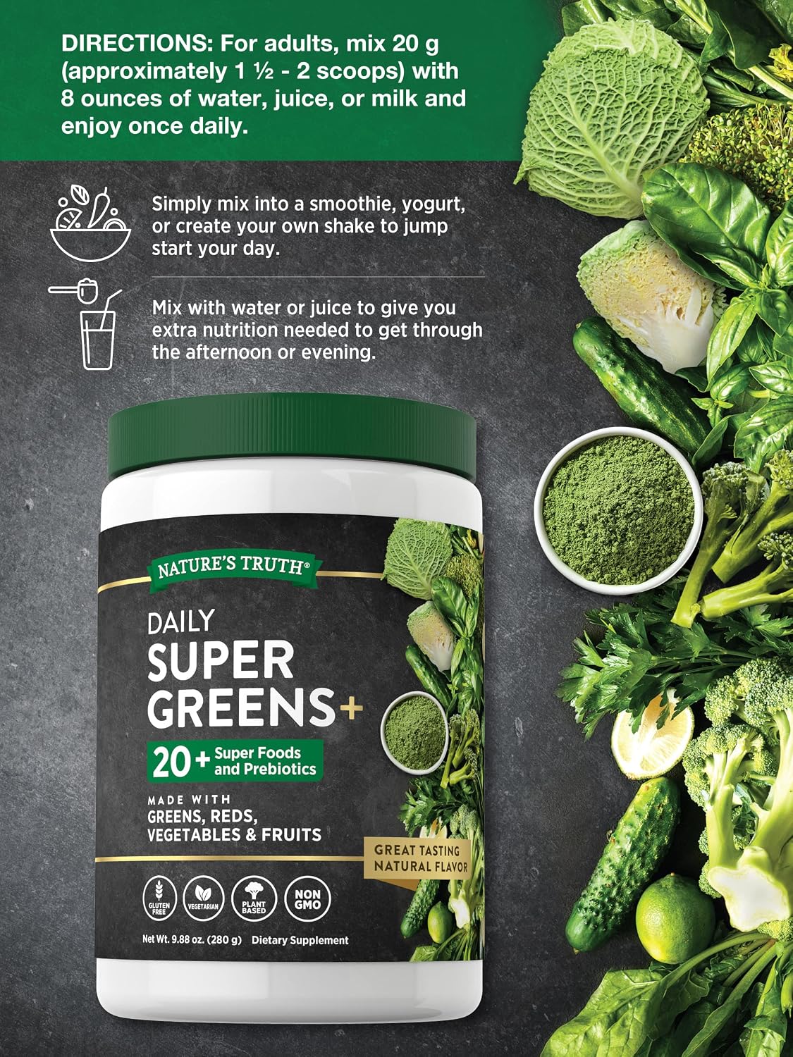 Nature's Truth Super Greens Superfood Powder – Fruit and Vegetables Blend, 280 g - görsel 5