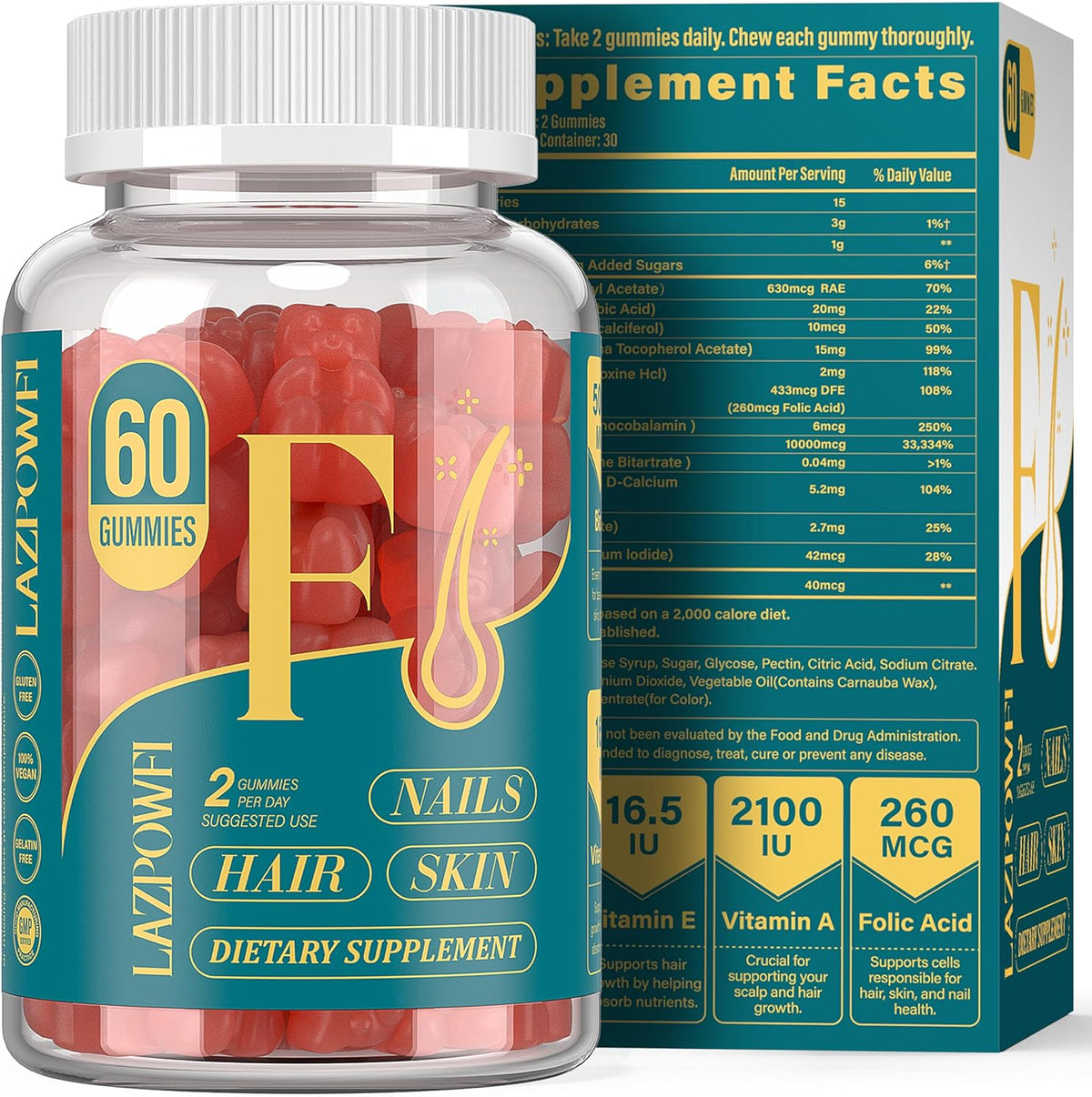 Lazpowfi Biotin Gummies - Hair, Skin and Nails Vitamins, Vegan, Blueberry, 60-Day Supply - görsel 8