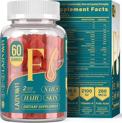 Lazpowfi Biotin Gummies - Hair, Skin and Nails Vitamins, Vegan, Blueberry, 60-Day Supply