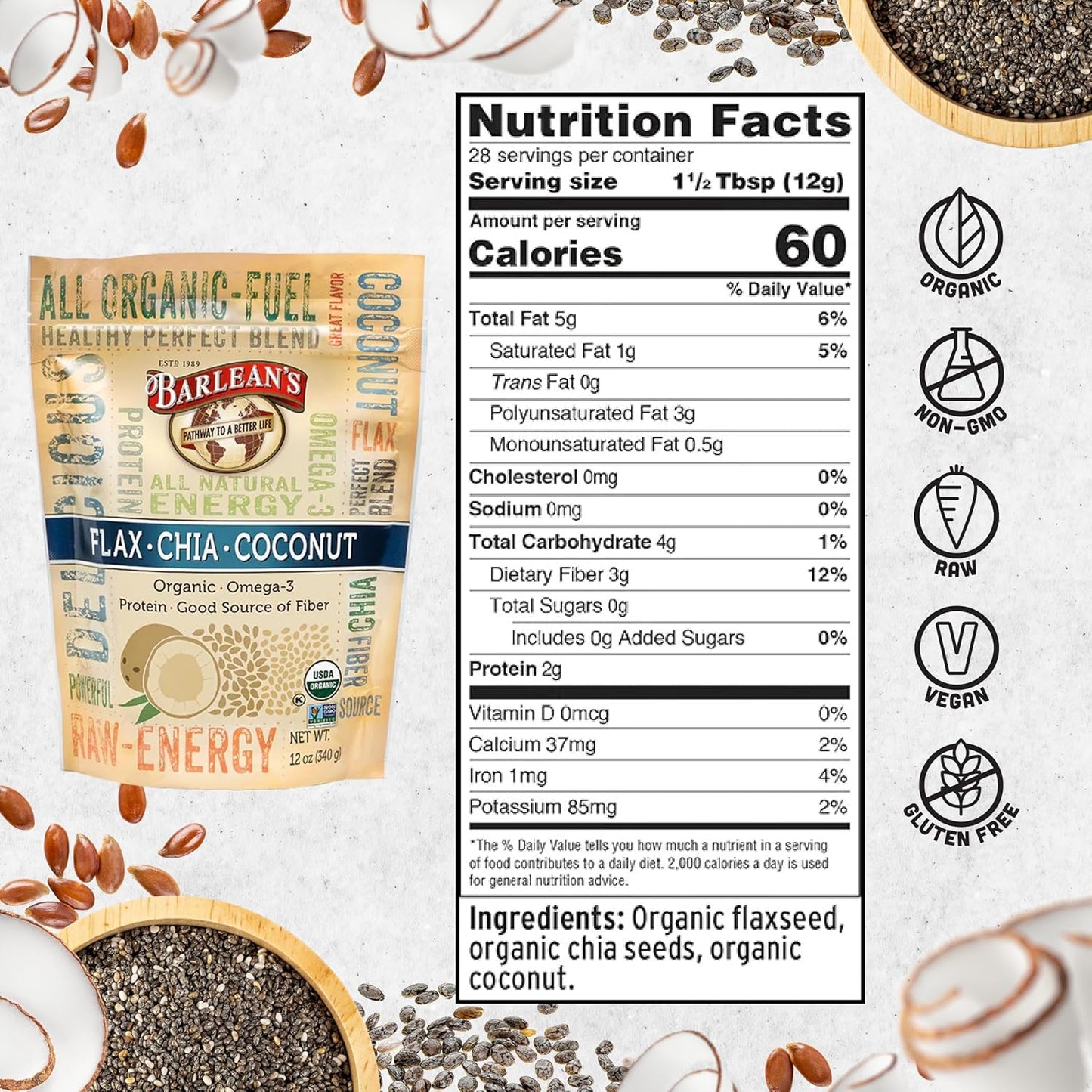 Barlean's Organic Flax Chia Coconut Seed Blend with Omega-3 and Fibre, 340 g - görsel 6