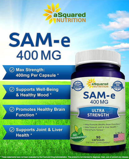 aSquared Nutrition SAM-e 400mg Food Supplement - 90 Capsules - S-Adenosyl Methionine