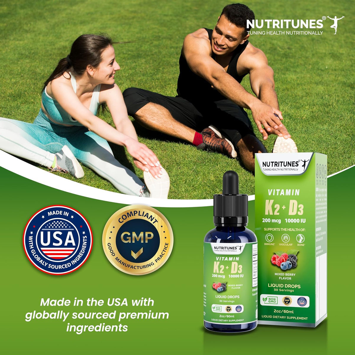 Nutritunes K2 D3 Liquid Drops - Vitamin D3 10,000 IU & Vitamin K2 200 mcg, Mixed Berry, 60 ml - görsel 6