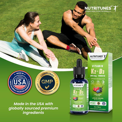 Nutritunes K2 D3 Liquid Drops - Vitamin D3 10,000 IU & Vitamin K2 200 mcg, Mixed Berry, 60 ml