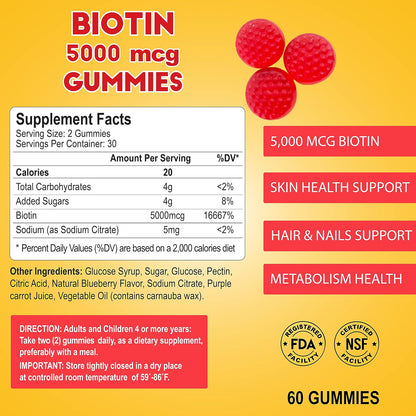 ALFA VITAMINS Biotin Gummies – 5000mcg for Hair, Skin and Nails – 60 Gummies