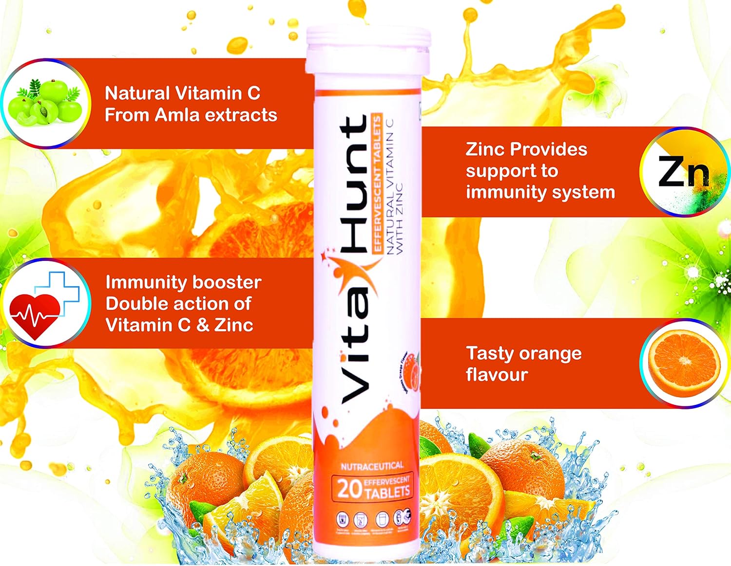 VitaHunt Vitamin C 1000 mg with Zinc – Immune Support – 20 Effervescent Tablets – Orange Flavour - görsel 4