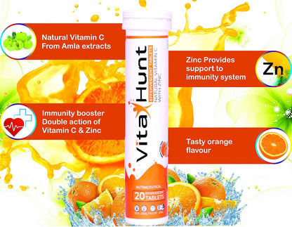 VitaHunt Vitamin C 1000 mg with Zinc – Immune Support – 20 Effervescent Tablets – Orange Flavour