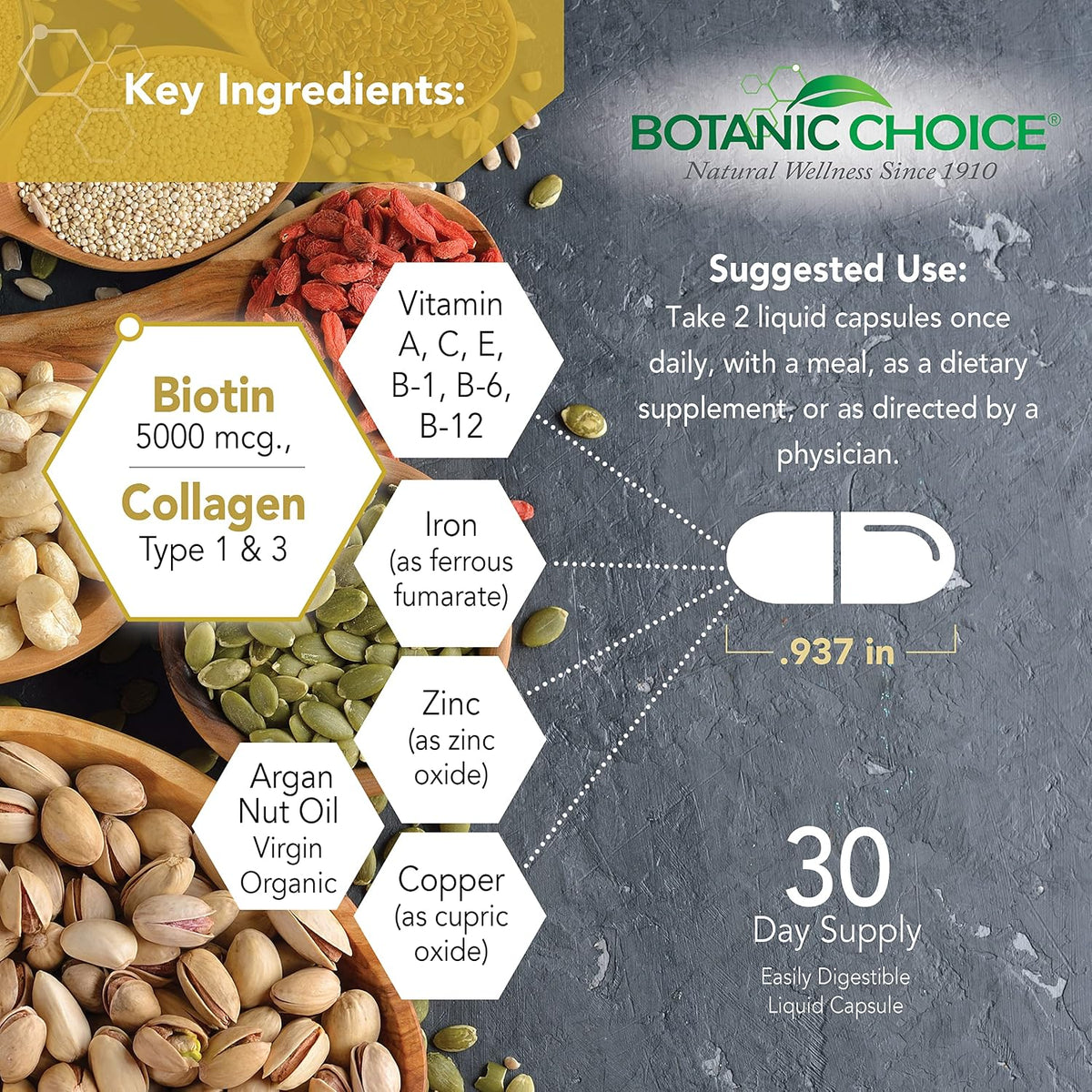 Botanic Choice Hair, Skin and Nails Vitamins - Biotin Supplement with Collagen, Vitamin C & Iron - Super Antioxidant Blend with Argan Oil & Hyaluronic Acid - 60 Liquid Capsules - görsel 3