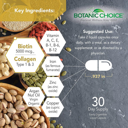 Botanic Choice Hair, Skin and Nails Vitamins - Biotin Supplement with Collagen, Vitamin C & Iron - Super Antioxidant Blend with Argan Oil & Hyaluronic Acid - 60 Liquid Capsules