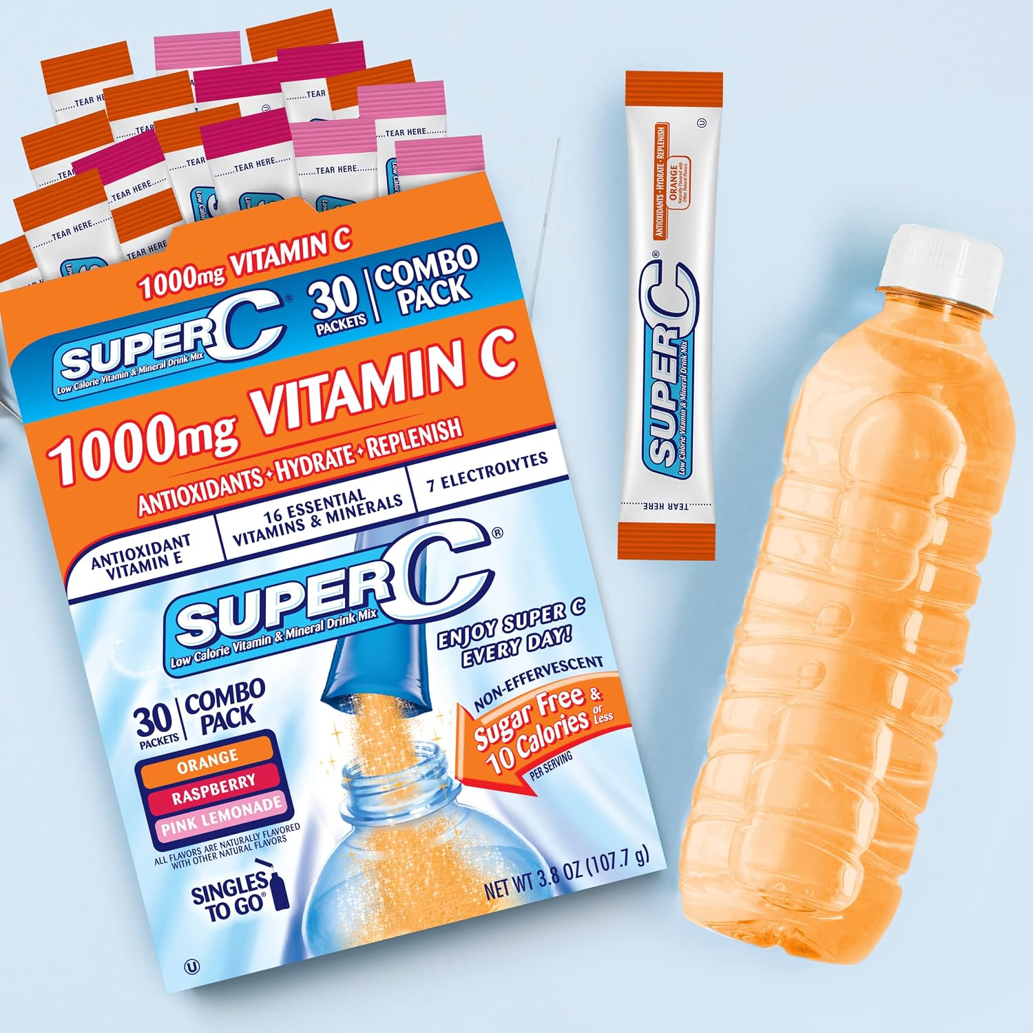 Super C Singles to Go Powder Sachets, Water Drink Mix, Variety Pack, Orange, Raspberry & Pink Lemonade, On-The-Go, 30 Sachets - görsel 5