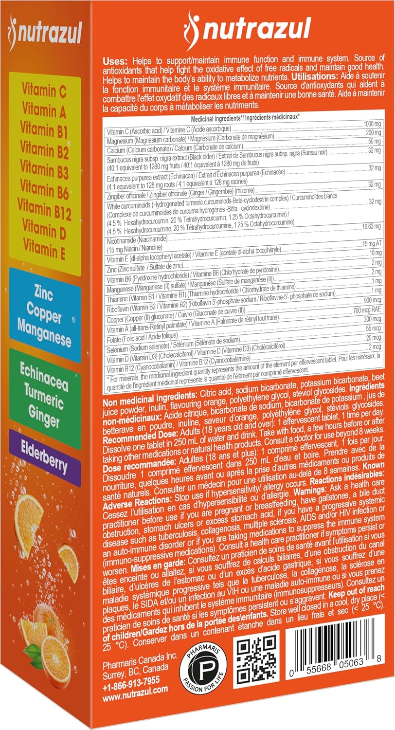 nutrazul Super Immune 30 Effervescent Tablets, 20 Vitamins & Minerals, Herbal Extracts to Support Daily Routine, Vitamin C, Zinc, Elderberry & Echinacea, Gluten-free, Sugar-Free, Orange Flavour - görsel 7