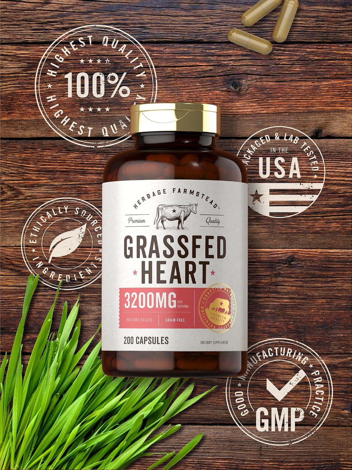 Carlyle Grass Fed Beef Heart Supplement - 3200mg - 200 Count - Desiccated Pasture Raised Bovine Capsules - Non-GMO, Gluten-free - görsel 5