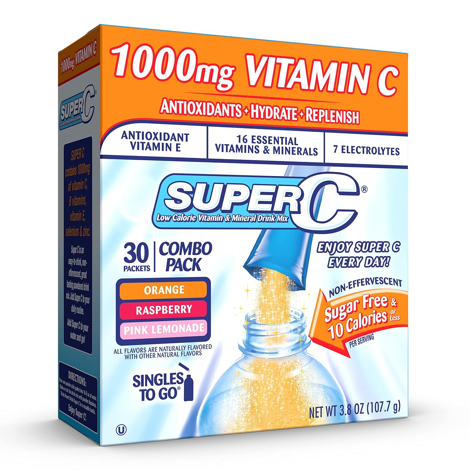 Super C Singles to Go Powder Sachets, Water Drink Mix, Variety Pack, Orange, Raspberry & Pink Lemonade, On-The-Go, 30 Sachets - görsel 1