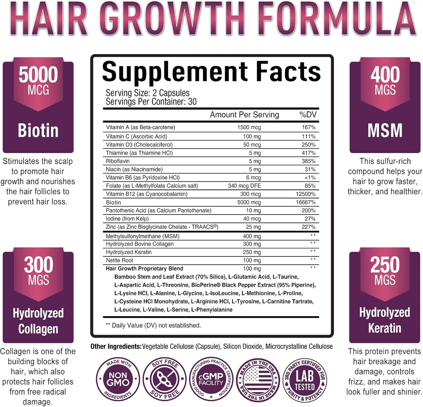Purely Optimum Hair Growth Vitamins – Biotin, Collagen, Keratin – 60 Capsules - görsel 2