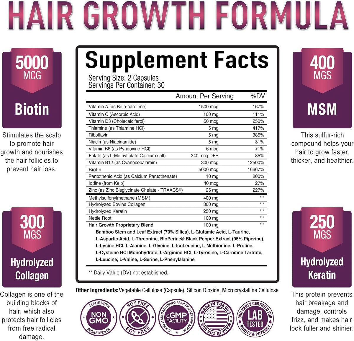 Purely Optimum Hair Growth Vitamins – Biotin, Collagen, Keratin – 60 Capsules - görsel 2