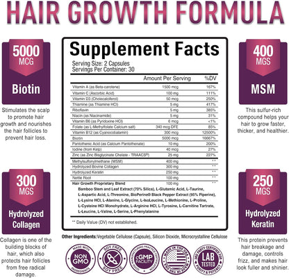 Purely Optimum Hair Growth Vitamins – Biotin, Collagen, Keratin – 60 Capsules