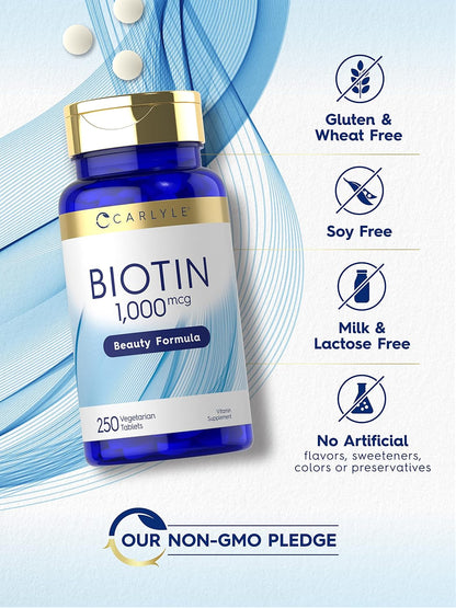 Carlyle Biotin 1000mcg | 250 Vegetarian Tablets | Beauty Formula Supplement | Non-GMO, Gluten-free