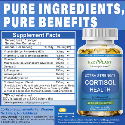 HZZYPLANT Cortisol Support Soft gel capsules with Ashwagandha, L-Theanine and Magnesium
