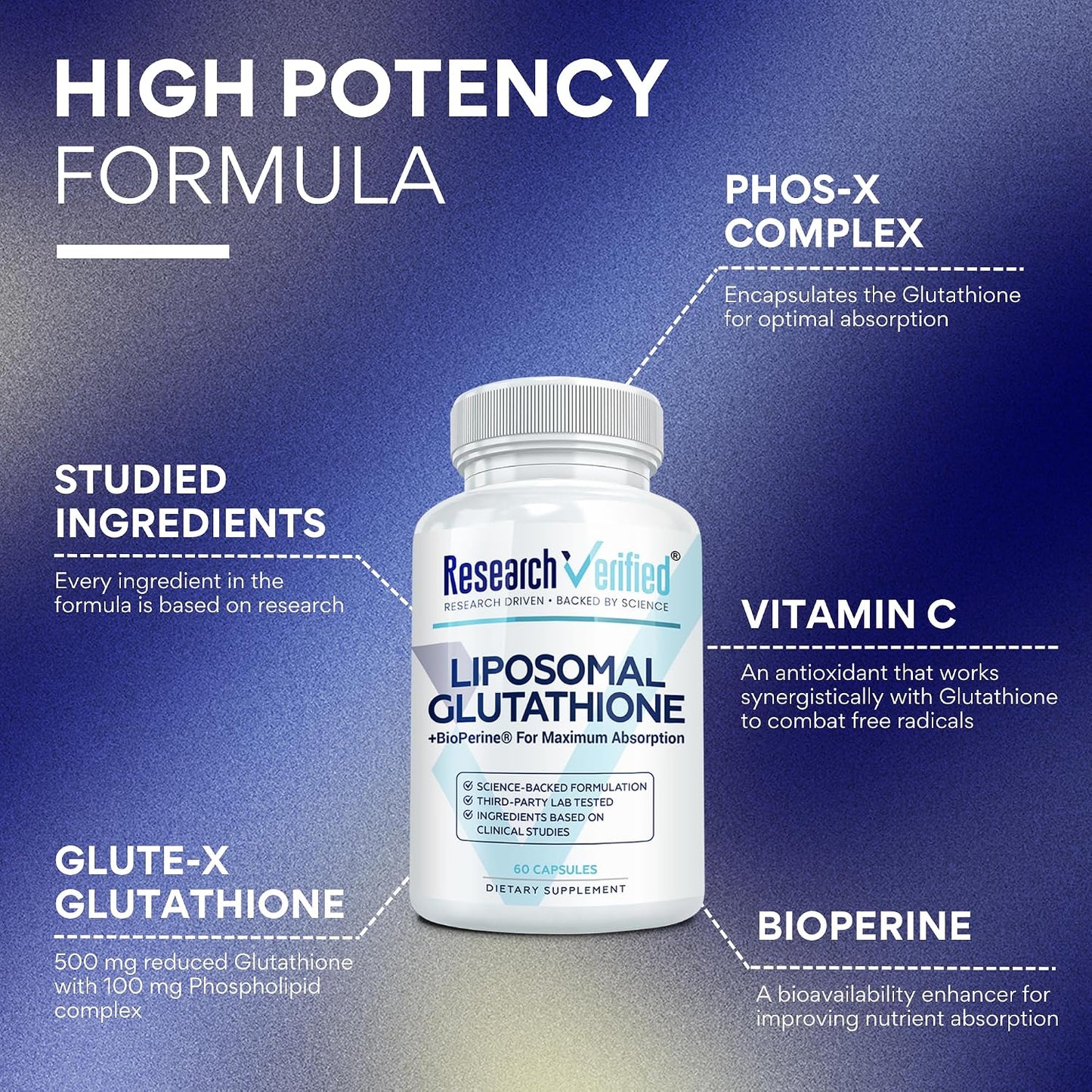 Research Verified Glutathione - Liposomal Glutathione 500mg with Phospholipid Complex, Vitamin C, Bioperine - 60 Vegan Capsules - görsel 3