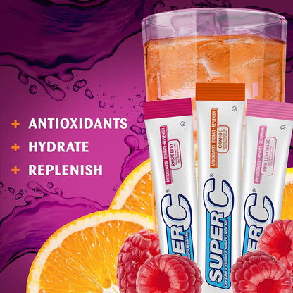 Super C Singles to Go Powder Sachets, Water Drink Mix, Variety Pack, Orange, Raspberry & Pink Lemonade, On-The-Go, 30 Sachets