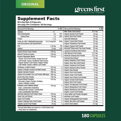 Greens First Phytonutrient Capsules – 49 Antioxidant-Rich Superfoods with Organic Fruits & Veggies, Prebiotics, Probiotics, and Digestive Enzymes (180 Capsules)