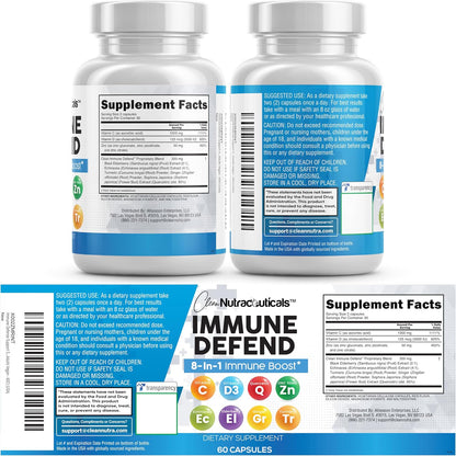 Clean Nutraceuticals Immune Defence Support Supplement 8 in 1 - 60 Capsules