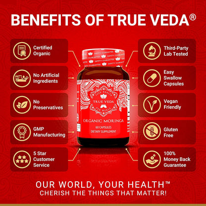 Organic Moringa Capsules | True Veda | 10:1 Leaf Extract | 60 Vegan Capsules