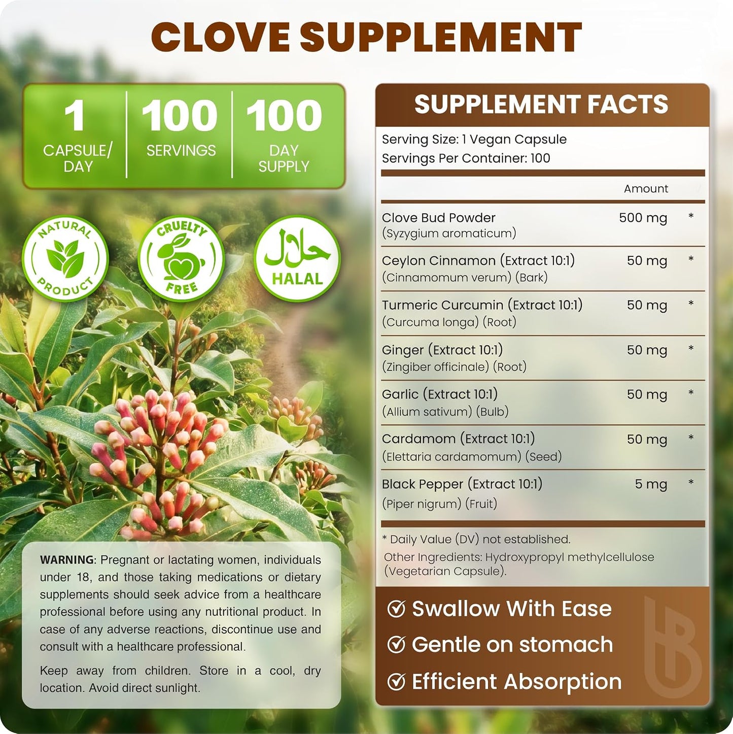 7in1 Clove Supplement 500mg - Rich in Vitamins and Minerals, Supports Digestion, Immune and Heart Health - Contains Cinnamon, Turmeric, Ginger, Cardamom, Garlic and Black Pepper - 100 Vegan Capsules - görsel 6