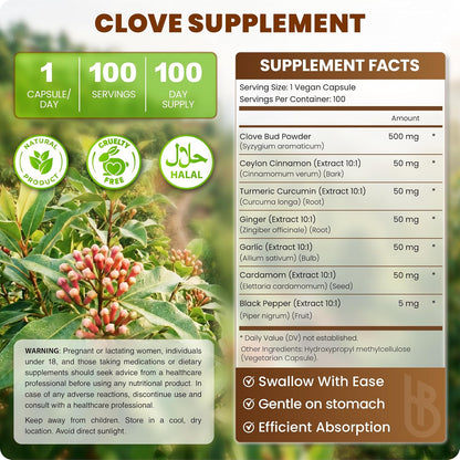 7in1 Clove Supplement 500mg - Rich in Vitamins and Minerals, Supports Digestion, Immune and Heart Health - Contains Cinnamon, Turmeric, Ginger, Cardamom, Garlic and Black Pepper - 100 Vegan Capsules